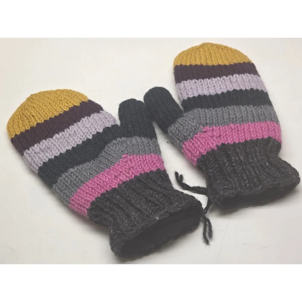 Handmade Nepal 100% Wool Striped Mittens Fleece Lined Multi-Color Chunky Knit